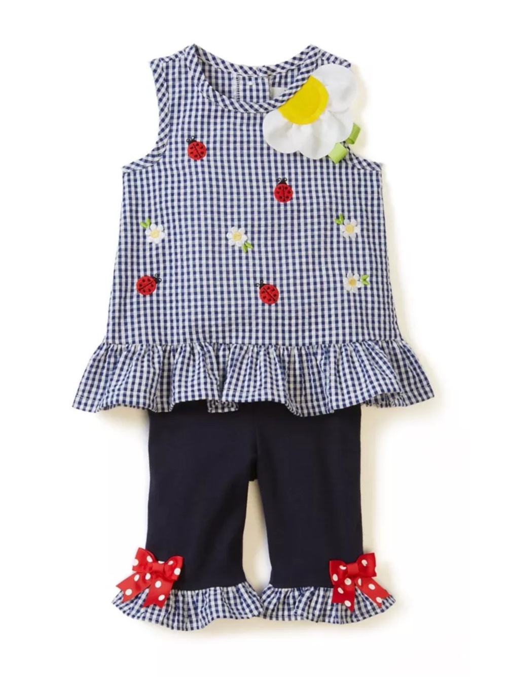 Rare Editions Navy Gingham Tank and Leggings with Red Ladybugs and White Daisy